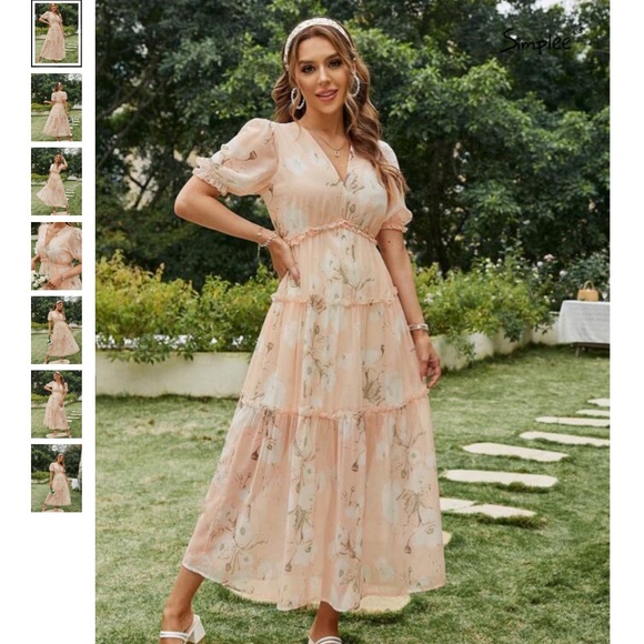 Shein Simplee Floral Print Puff Sleeve Frill Trim Ruffle Hem Dress Size M - Picture 2 of 6